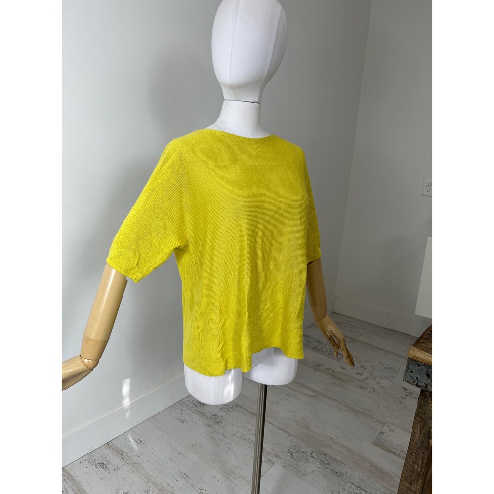 Eileen Fisher Organic Linen Short Sleeve Boxy Knit Top Citron Yellow XS S17OLG